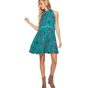 Free People She Moves teal lace trimmed floral chemise dress
